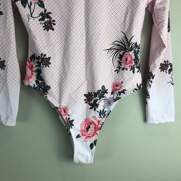 Women's Brazilian Pink Floral Long sleeve back zip swimsuit Size M, NWT - Picture 3 of 7